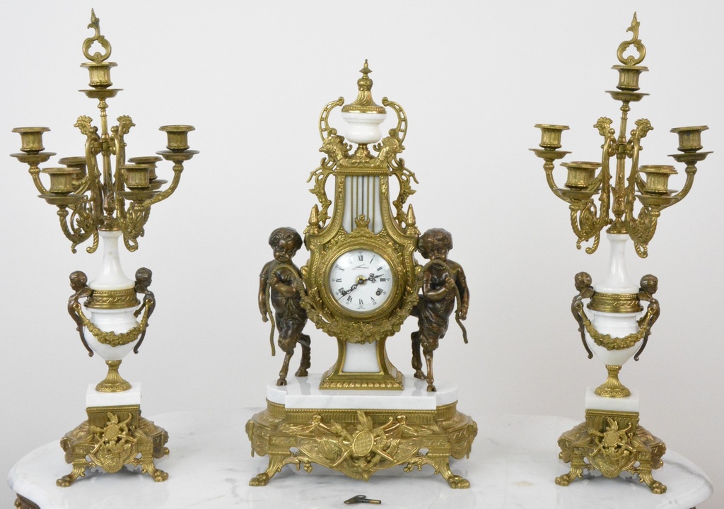 Starožitné krbové hodiny FHS s kentaury+svícny XXL