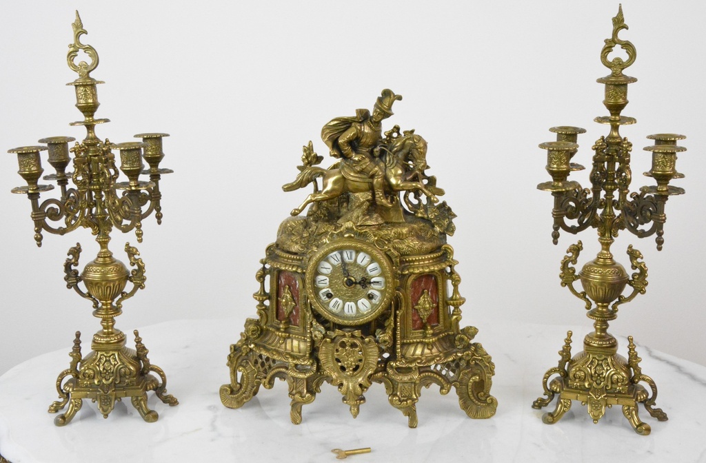 Starožitné krbové hodiny FHS se svícny