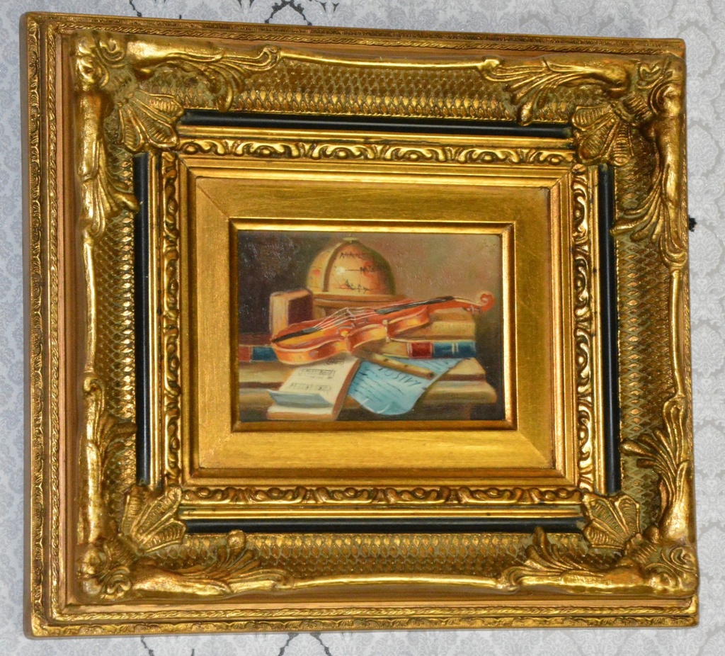 Zámecký obraz - Zátiší s houslemi - olej na desce