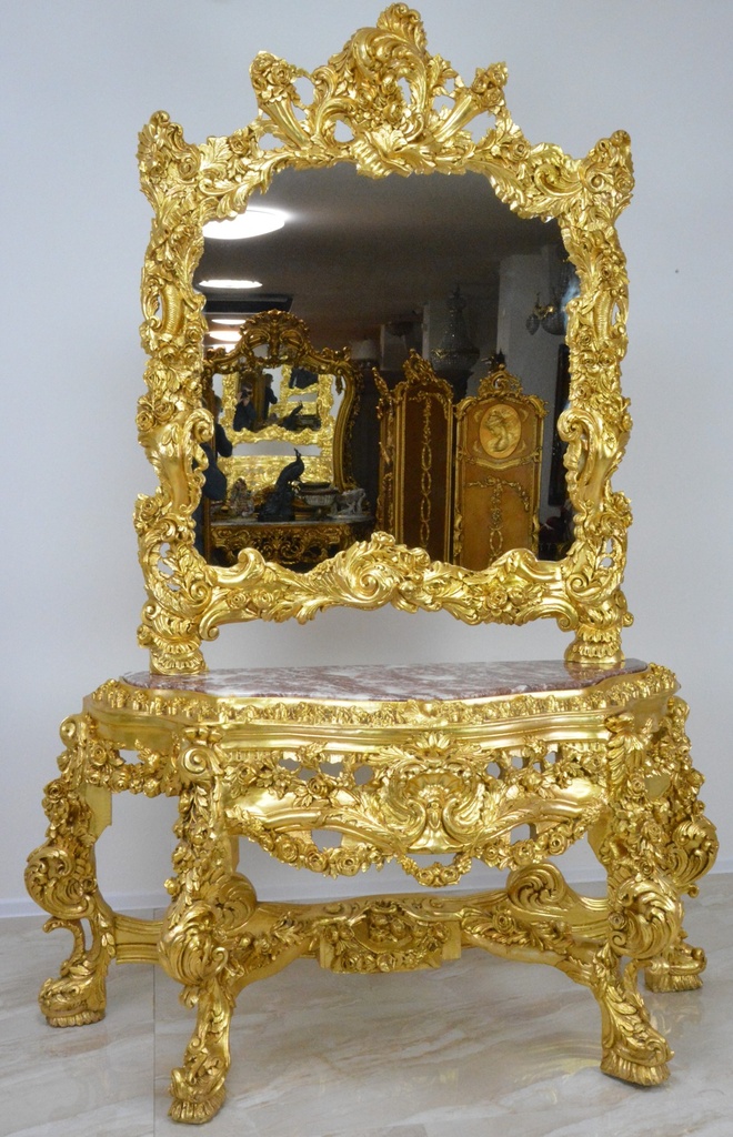 Zámecká konzola se zrcadlem - masiv - řezbovaná