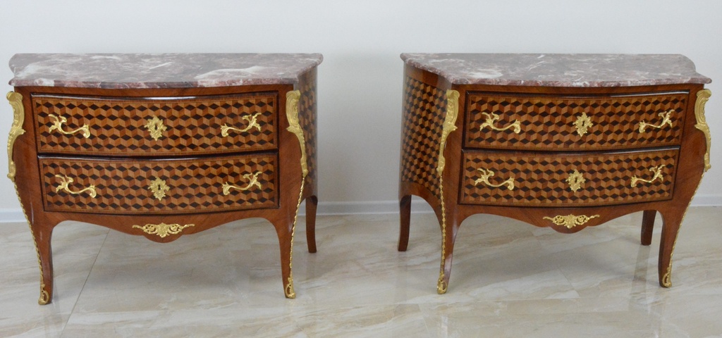 Zámecké intarzované komody s mramorovou deskou-pár