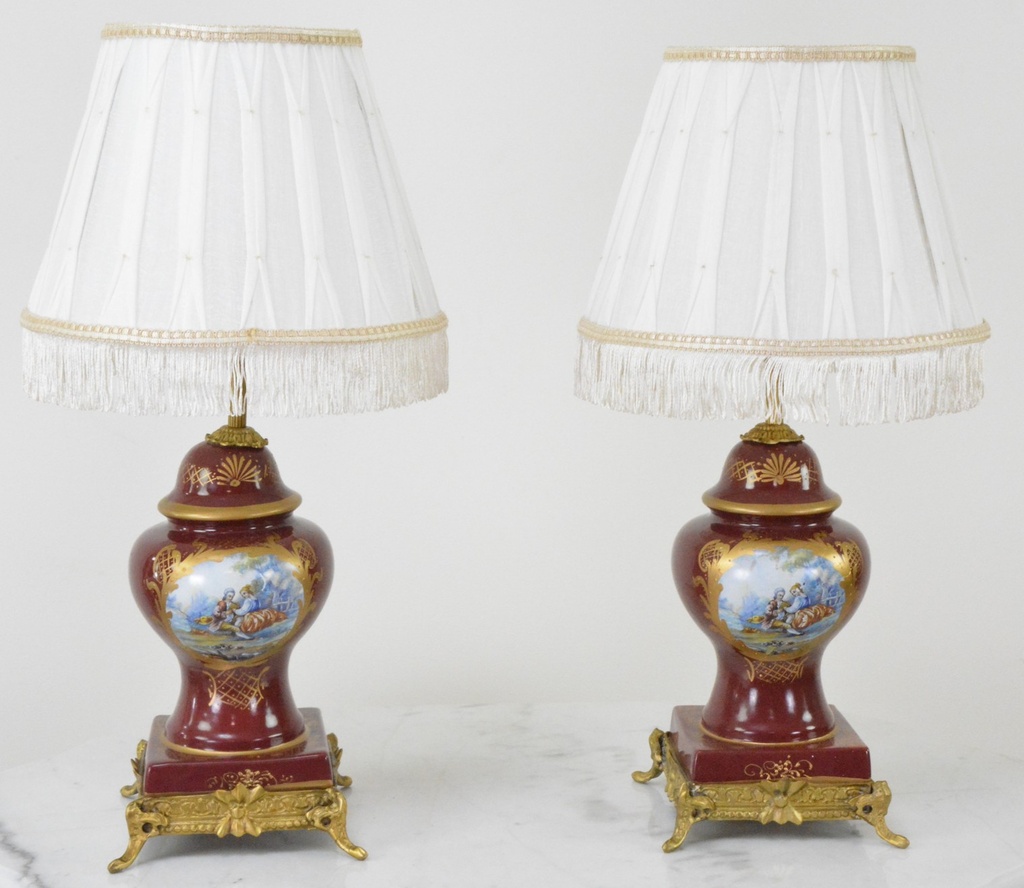 Zámecké stolní lampy se stínidlem - porcelán+bronz