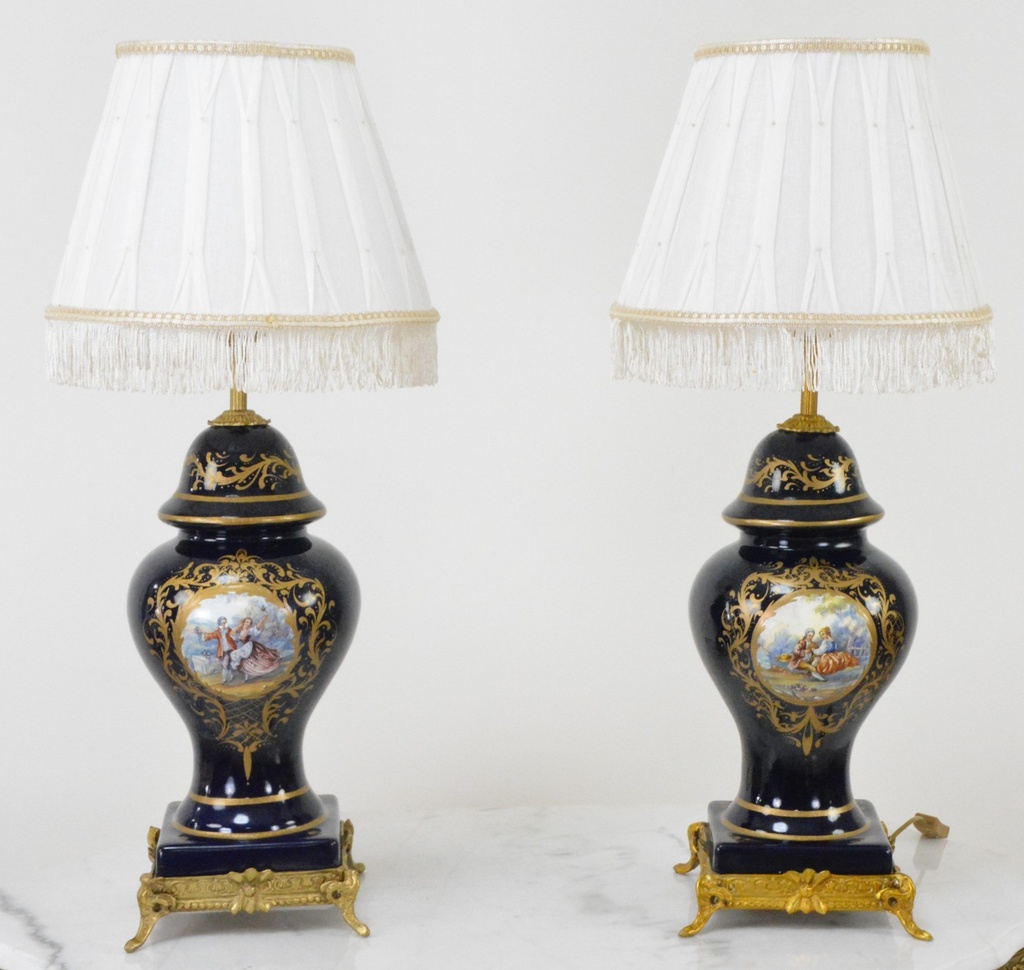 Zámecké stolní lampy se stínidlem - porcelán+bronz