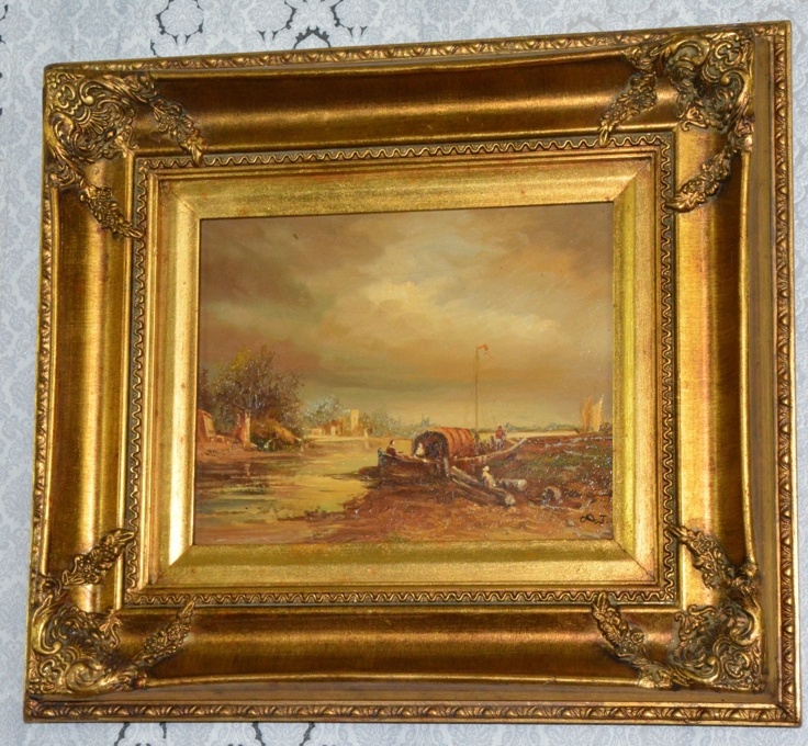 Zámecký obraz - U vody - olej na desce