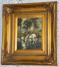 Zámecký obraz - Koně u říčky - olej na desce