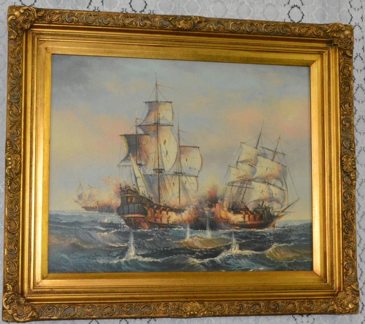 Zámecký obraz - Bitva-lodě - olej na plátně