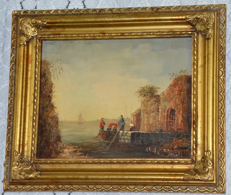 Zámecký obraz - Na loďce - olej na desce