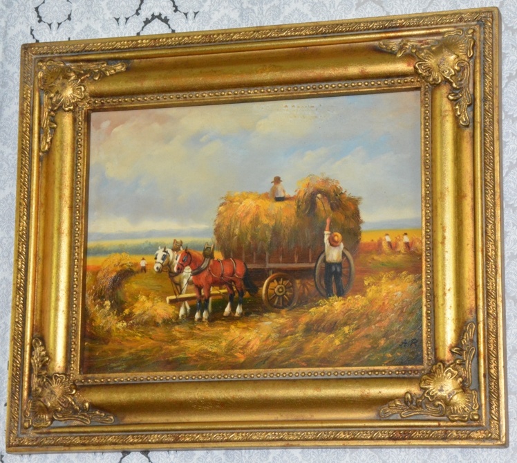 Zámecký obraz - Žně - olej na desce