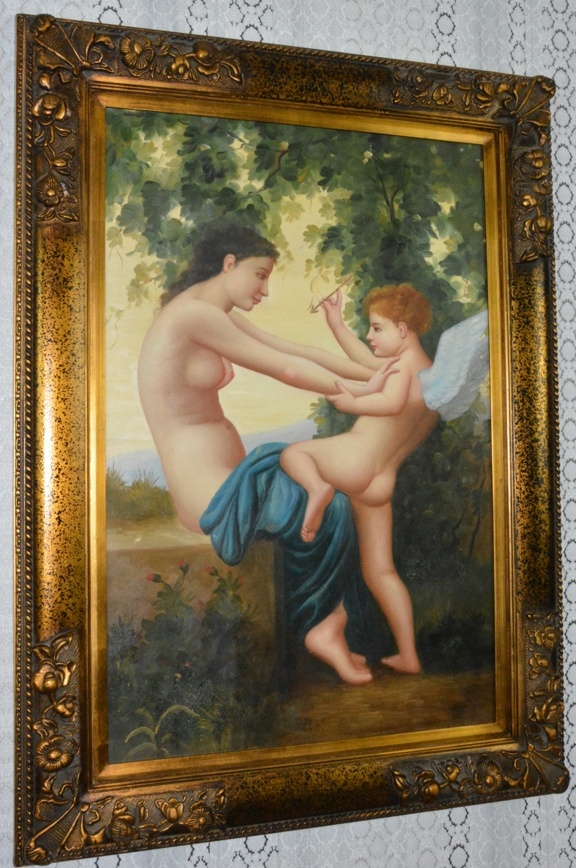 Zámecký obraz - Dáma s amorkem - olej na plátně