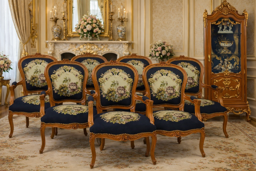 Zámecká řezbovaná křesla - čalouněná - set 6 kusů