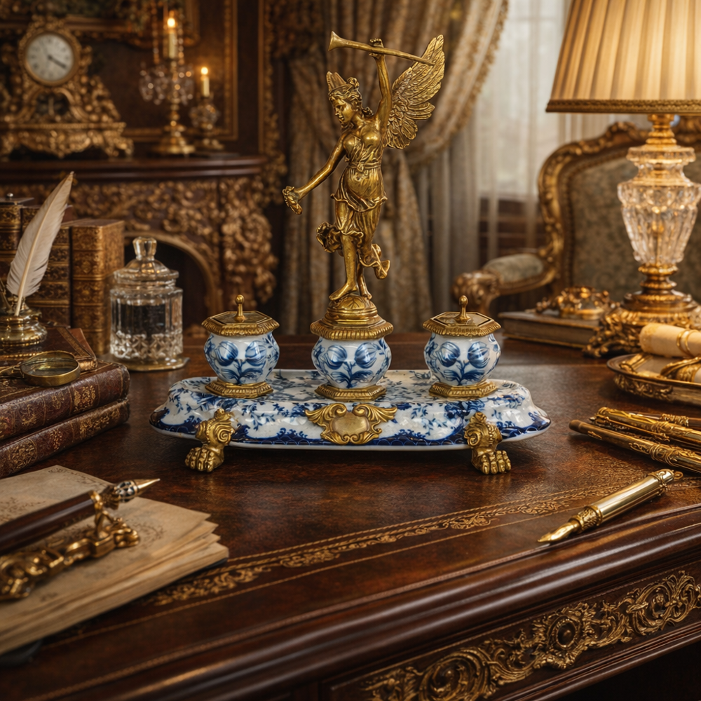 Zámecký kalamář s bohyní - porcelán + bronz