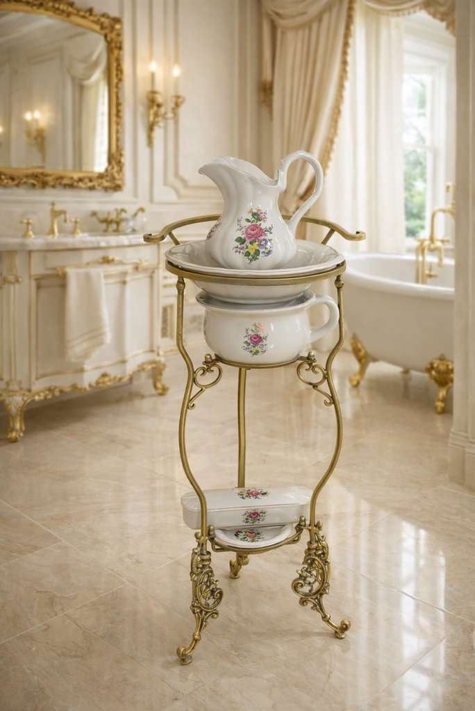 Retro porcelánový mycí set na kovovém stojanu