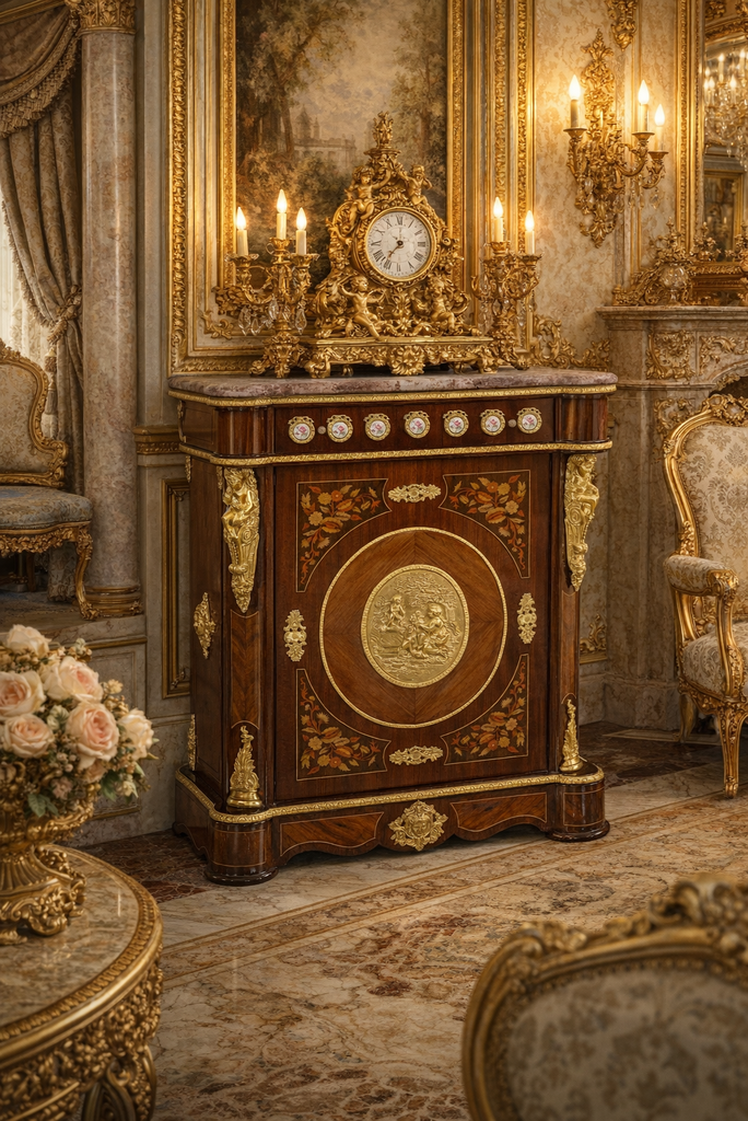 Zámecká intarzovaná komoda s mramorovou deskou