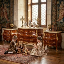 Zámecké intarzované komody s mramorem - set 3 kusů