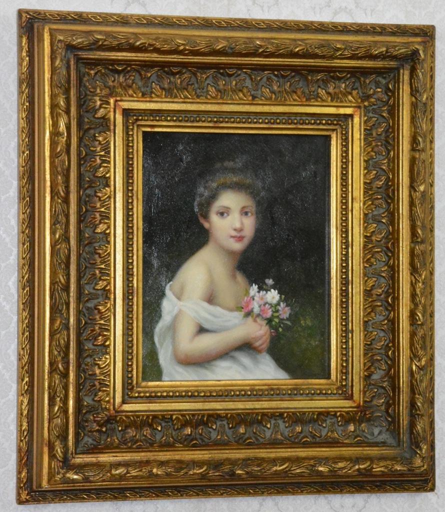 Obraz - Dívka s květinami - olej na desce