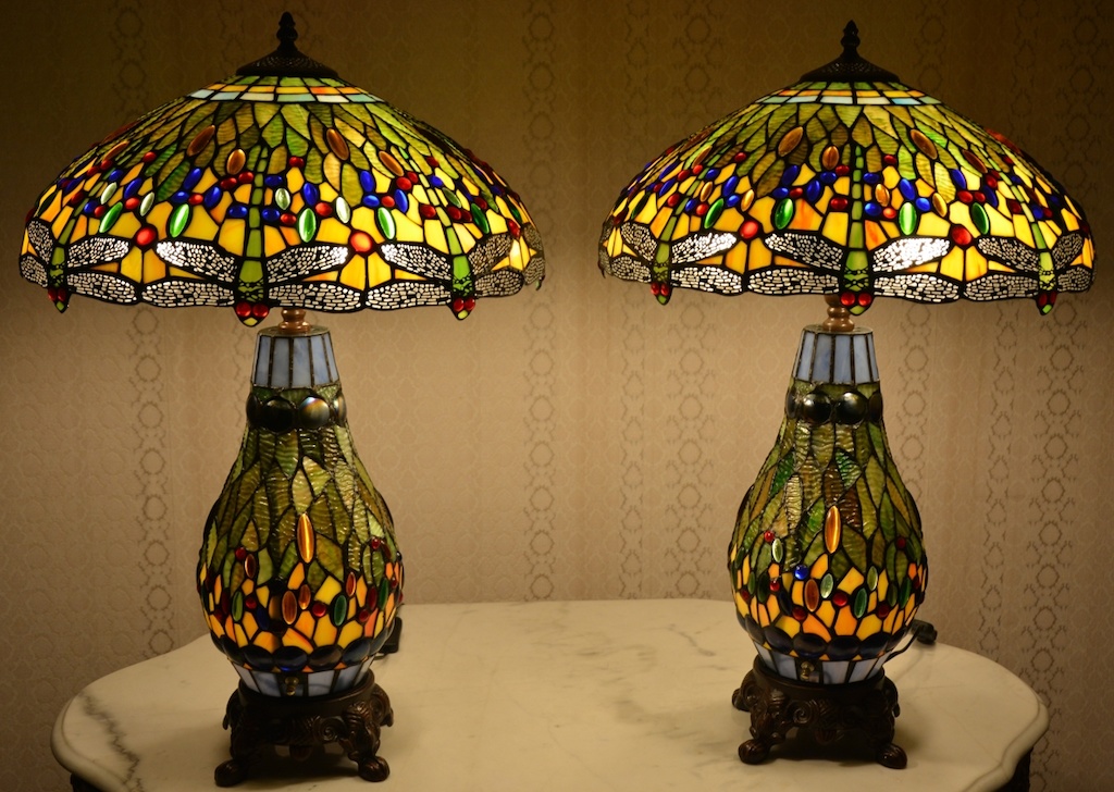 Tiffany lampy s vážkami - svítící podstavce - pár
