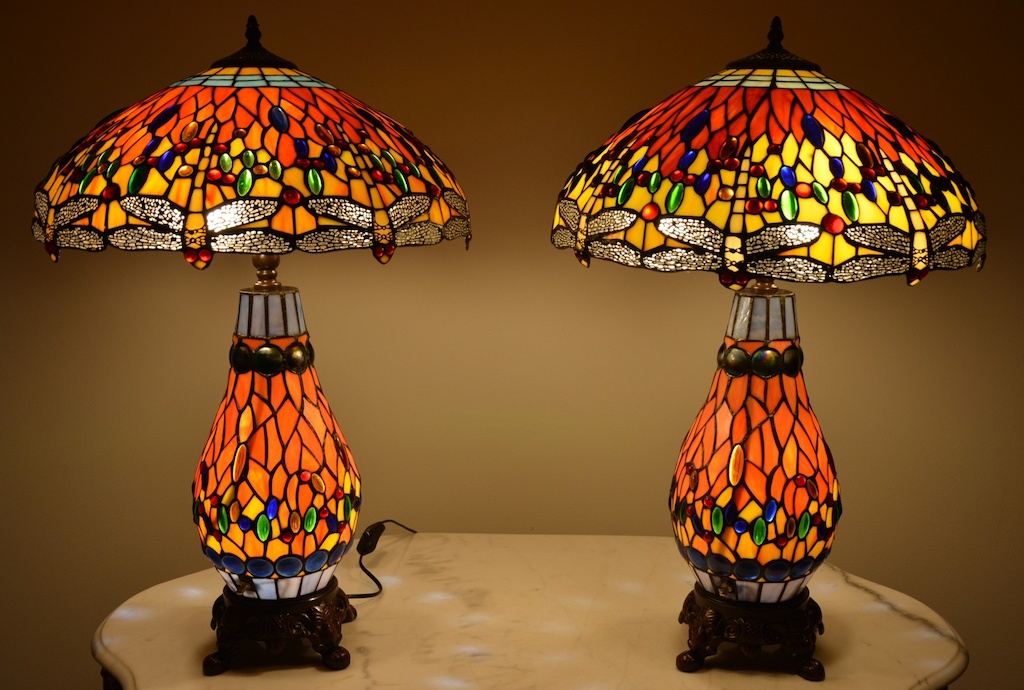 Tiffany lampy s vážkami - svítící podstavce - pár