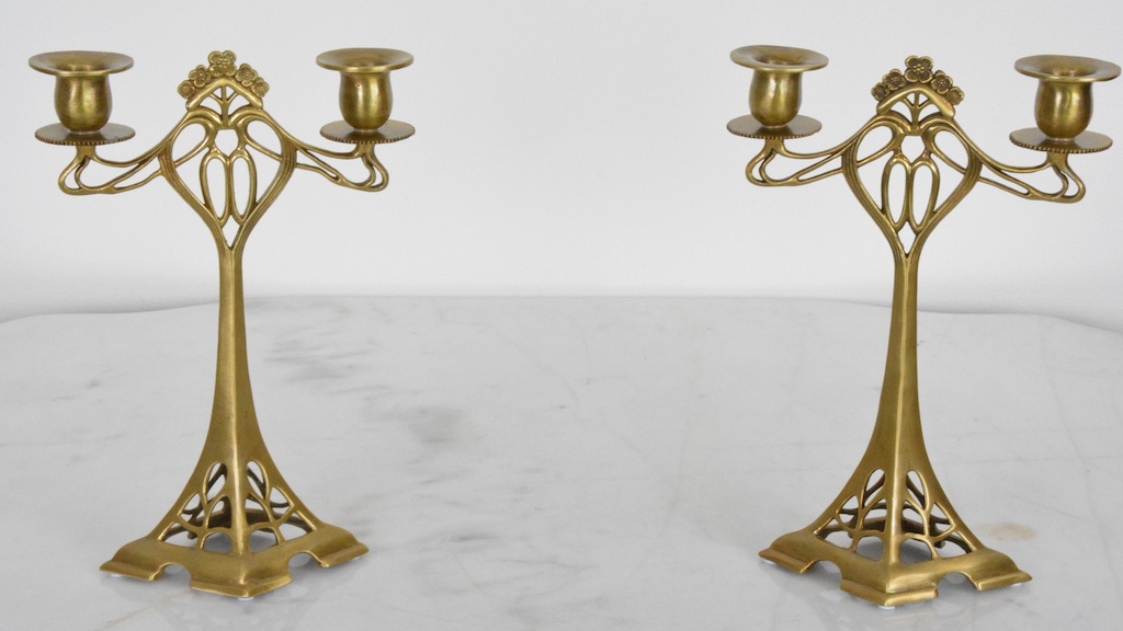 Bronzové secesní svícny - 2 ramena - pár