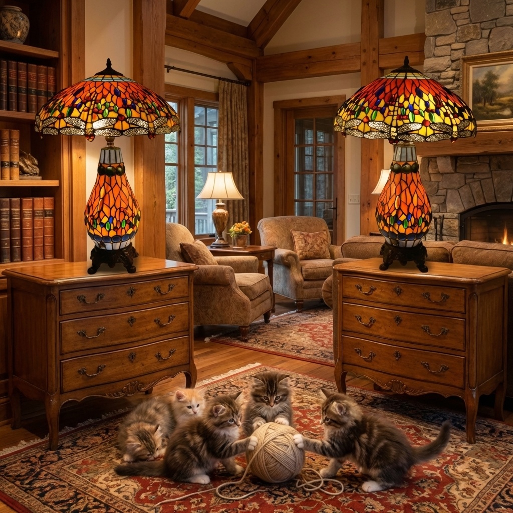 Tiffany lampy s vážkami - svítící podstavce - pár