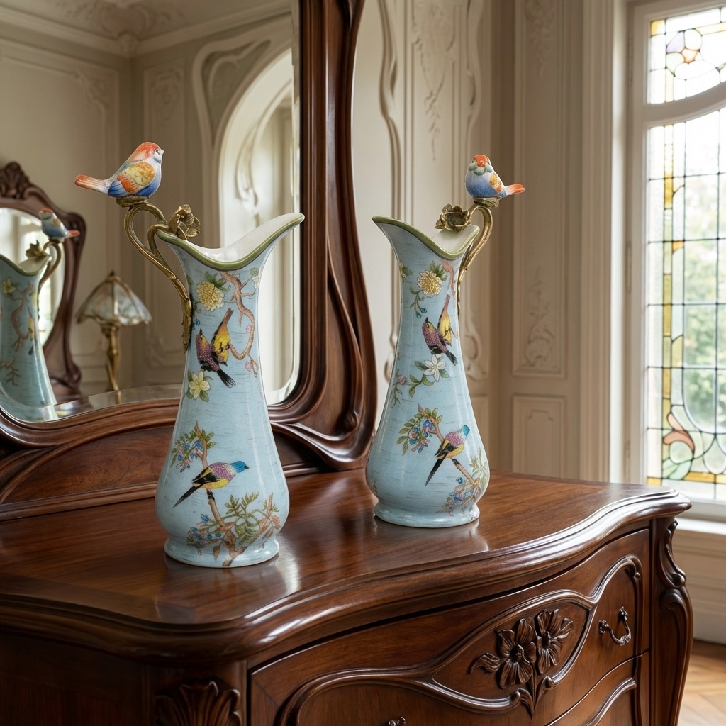 Zámecké karafy s ptáčkem - porcelán + bronz