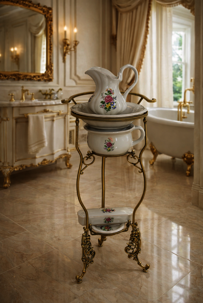 Retro porcelánový mycí set na kovovém stojanu