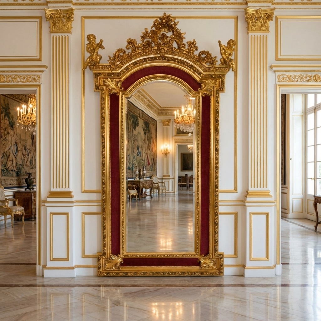 Zámecké zrcadlo s amorky - 243 cm - čalouněné