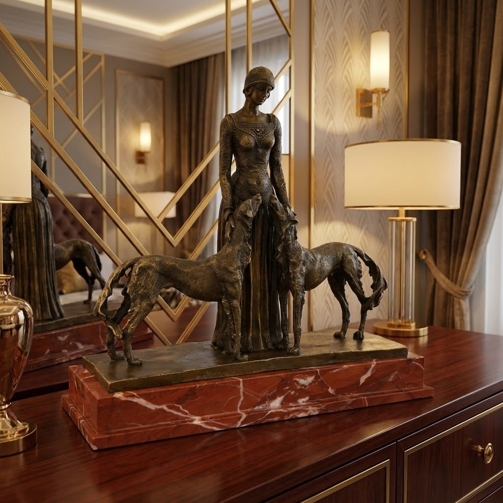 Bronzová soška - Dáma se psy - na mramoru