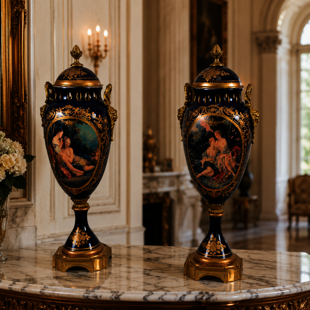 Zámecké porcelánové vázy - ručně zdobené - pár