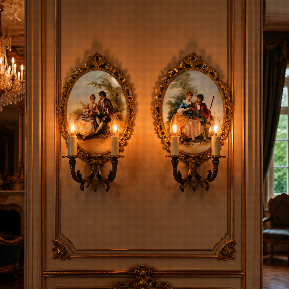 Zámecké nástěnné lampy - porcelán+bronz - pár