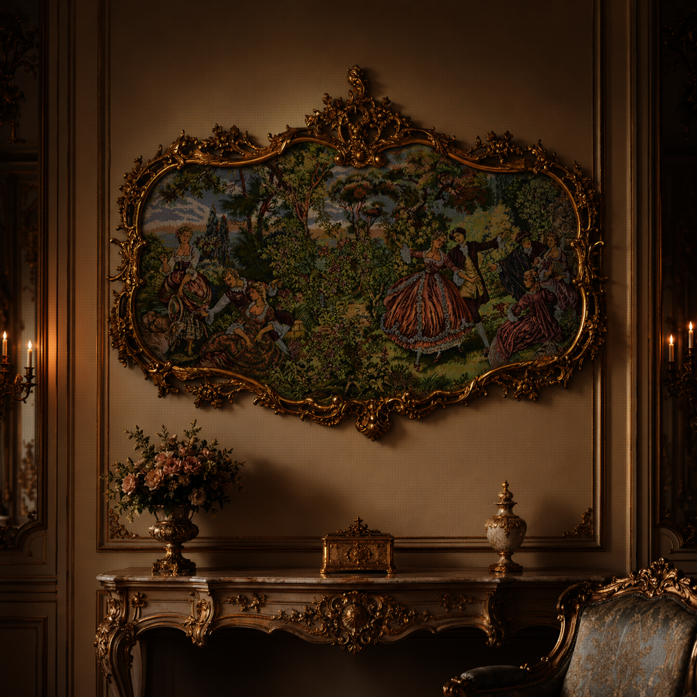 Zámecký obraz - Romantika - gobelín - bronz rám