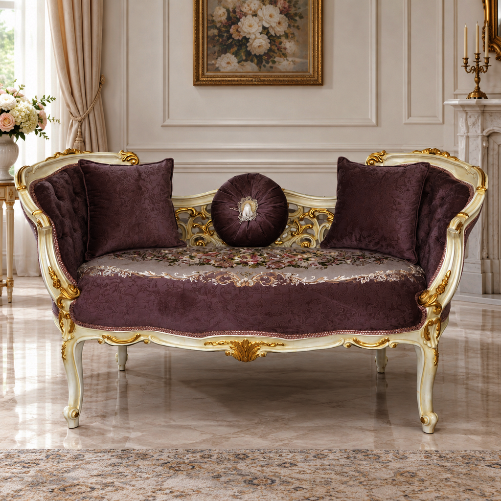 Zámecká řezbovaná sofa - starorůžová